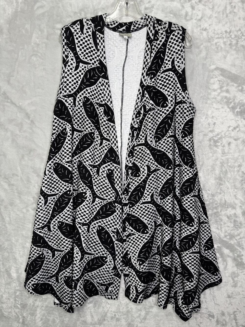 Niche Nilgun Derman Vest Womens Large Black White Fish Print Pisces Open Front